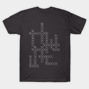 (1869TTLUTS-D) Crossword pattern with words from a famous 1869 science fiction book. [Dark Background] T-Shirt